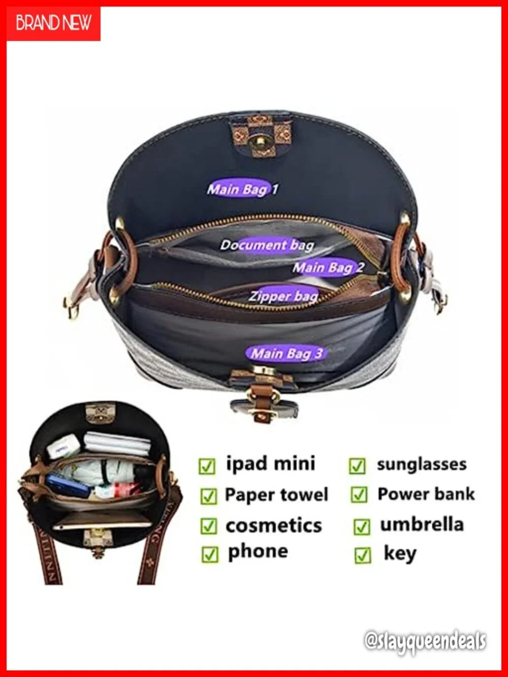 PU leather plaid bucket satchel crossbody hobo handbag